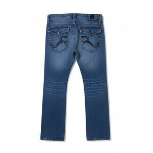 Rock & Republic Mens Taylor Bootcut Jeans 34 Embellished Flap Pockets Distressed